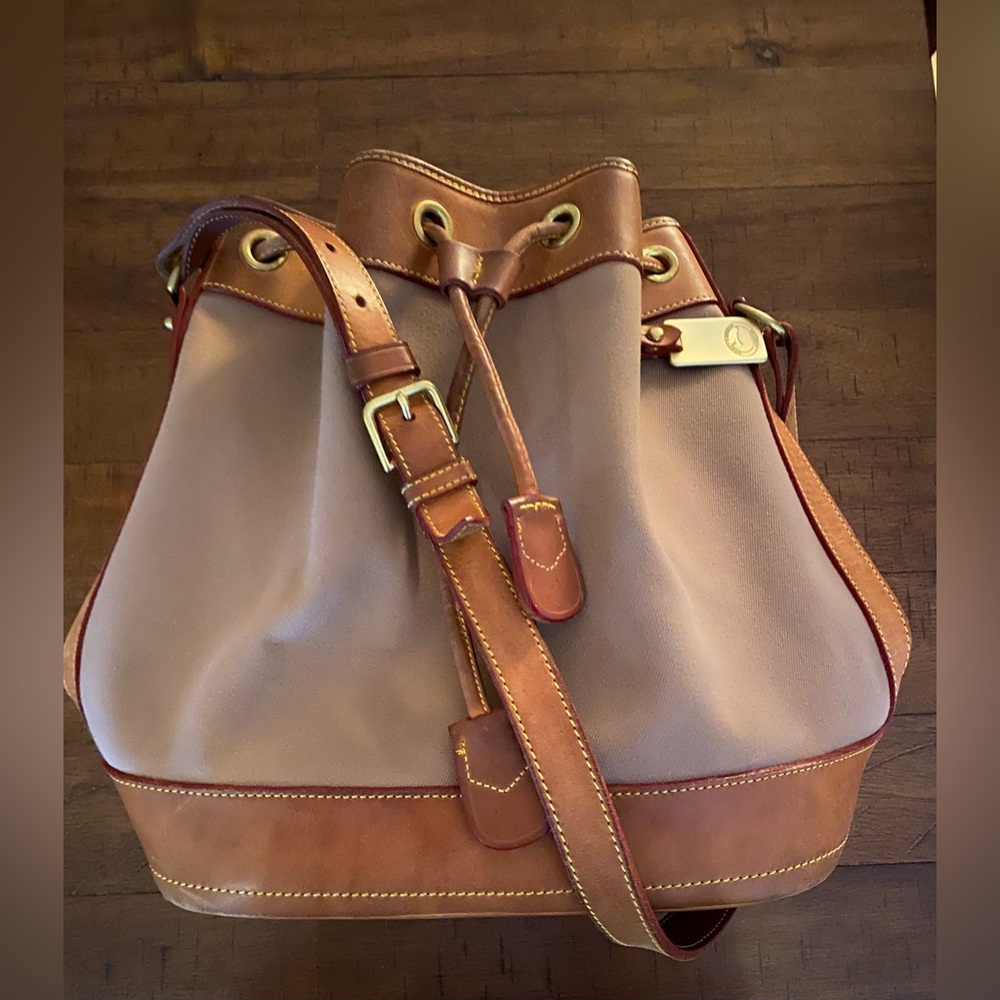 Dooney & Bourke Tan and Beige Leather-Trim Drawstring Shoulder Bag - Picture 6 of 6
